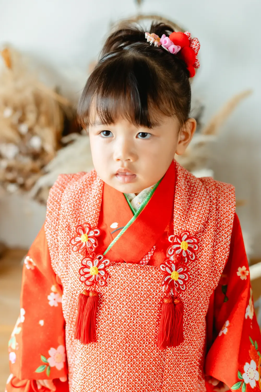 朱赤の被布姿でこちらを見つめる3歳の女の子、七五三のスタジオ撮影（横浜）