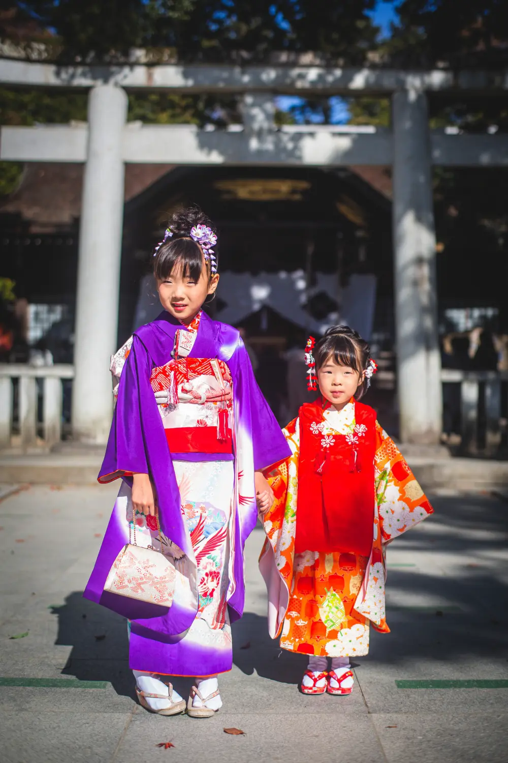 石鳥居と拝殿を背に手をつないで立つ7歳と3歳の姉妹の七五三全身写真（武田神社・甲府）
