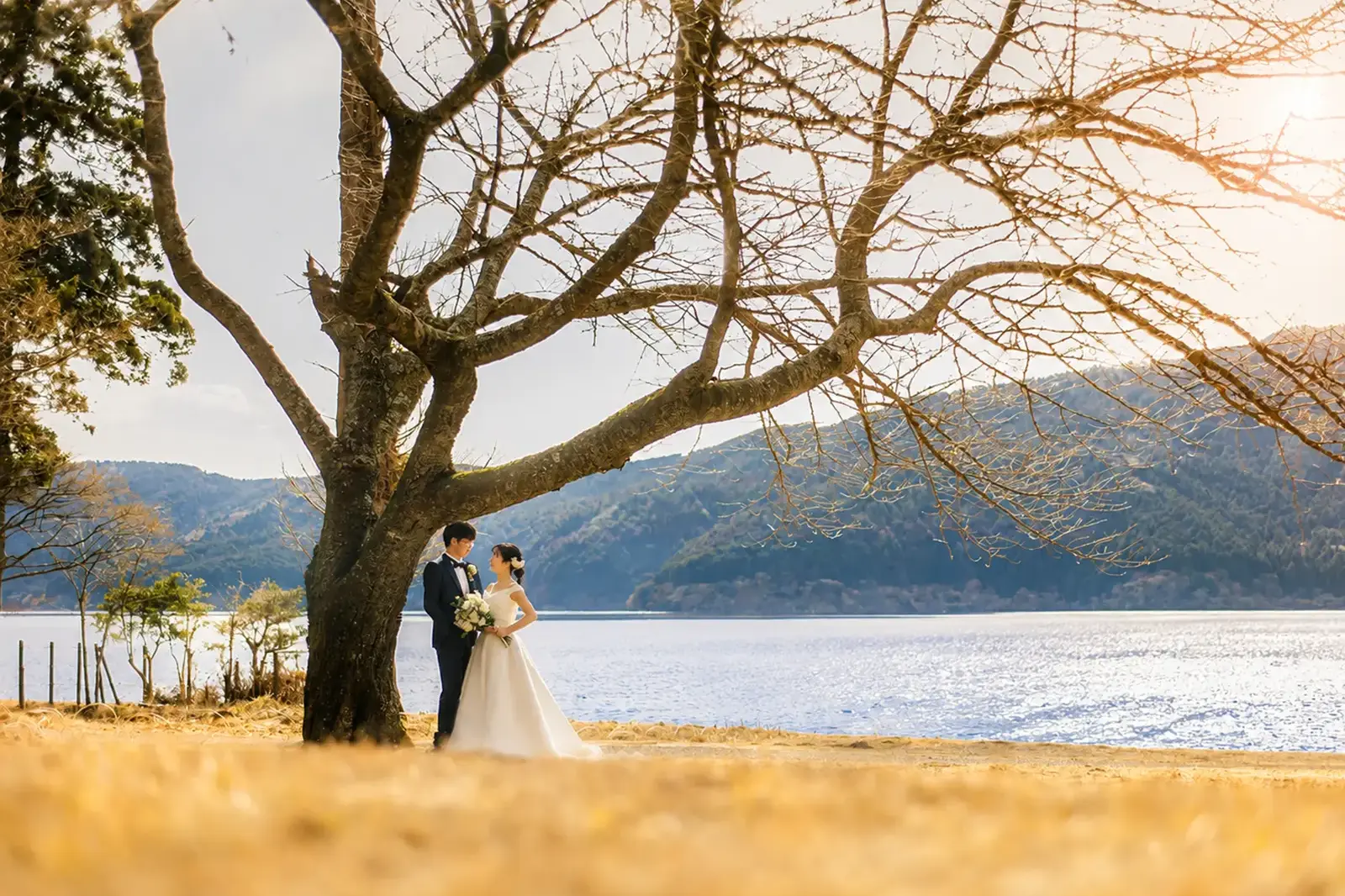 大きな木と芦ノ湖を背景にした新郎新婦のウェディングフォト