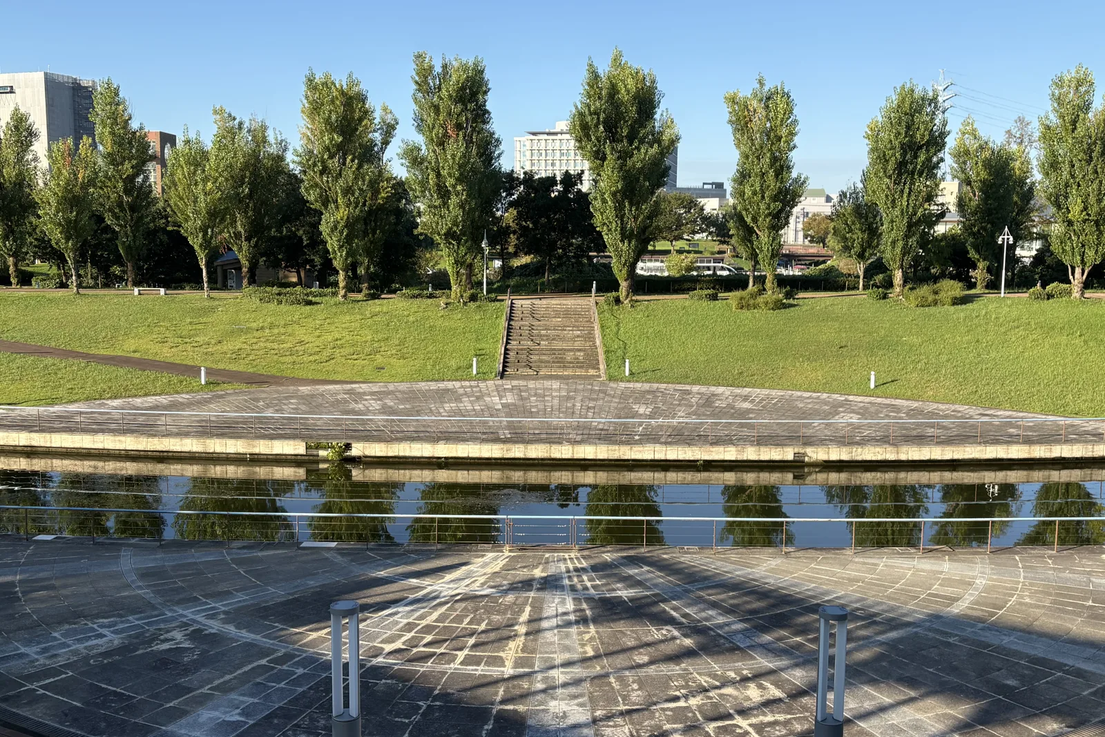 環水公園のポプラ並木が運河の水面に映る