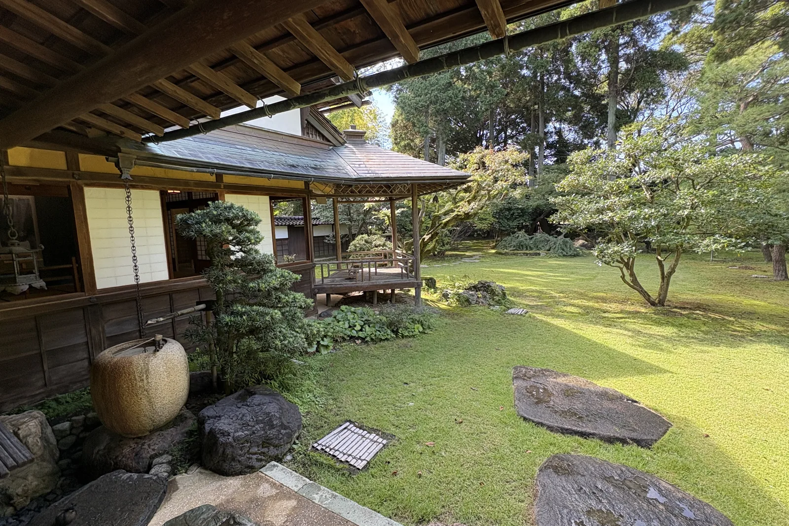 内山邸の庭。飛び石と芝生、松の植え込み
