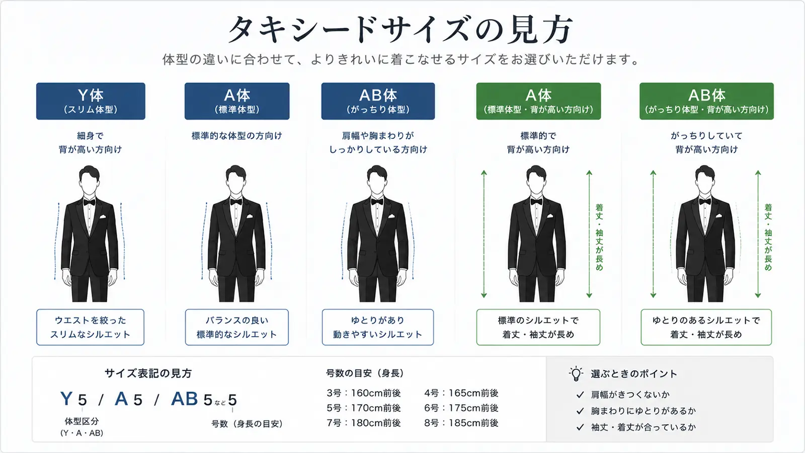 タキシードサイズのY体・A体・AB体と号数の見方を説明したサイズガイド