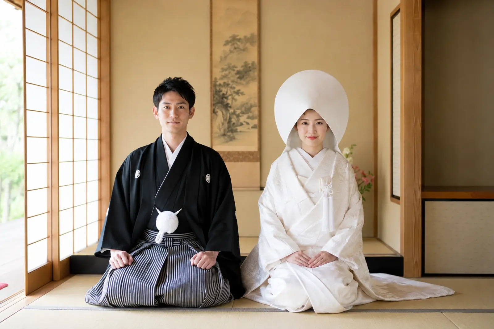 和室で白無垢の新婦と紋付袴の新郎が正座している和装前撮り写真