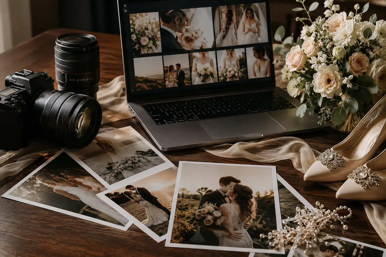 結婚式オープニングムービーに使う写真や動画素材をパソコンで確認している様子