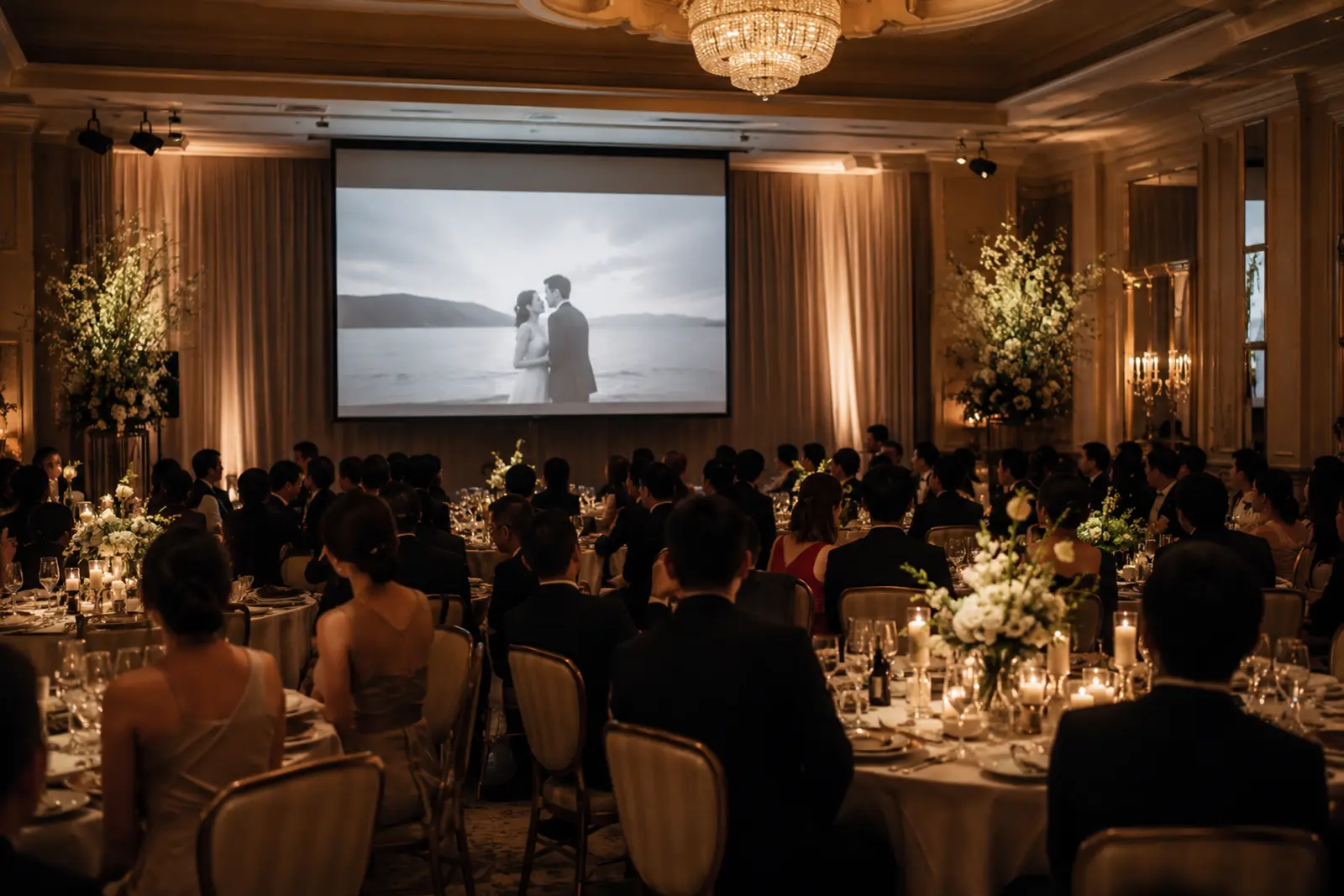 披露宴会場で結婚式のオープニングムービーを上映している様子