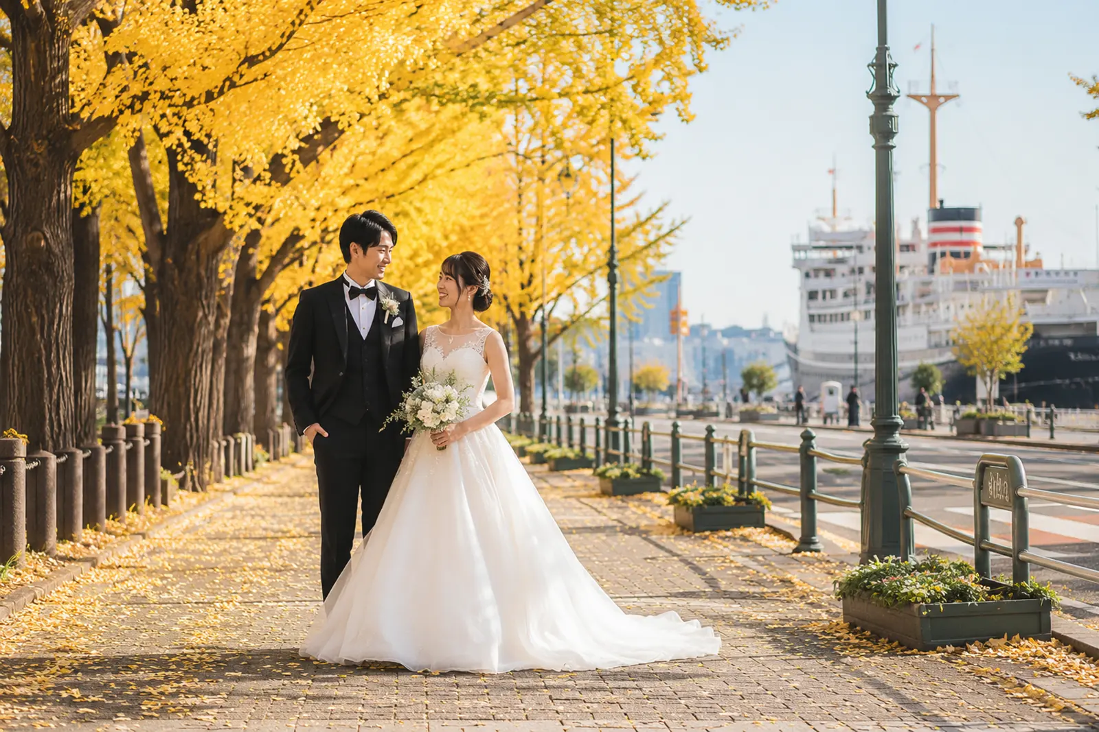 山下公園通りのようなイチョウ並木で洋装の新郎新婦が立つ横浜らしいフォトウェディング写真