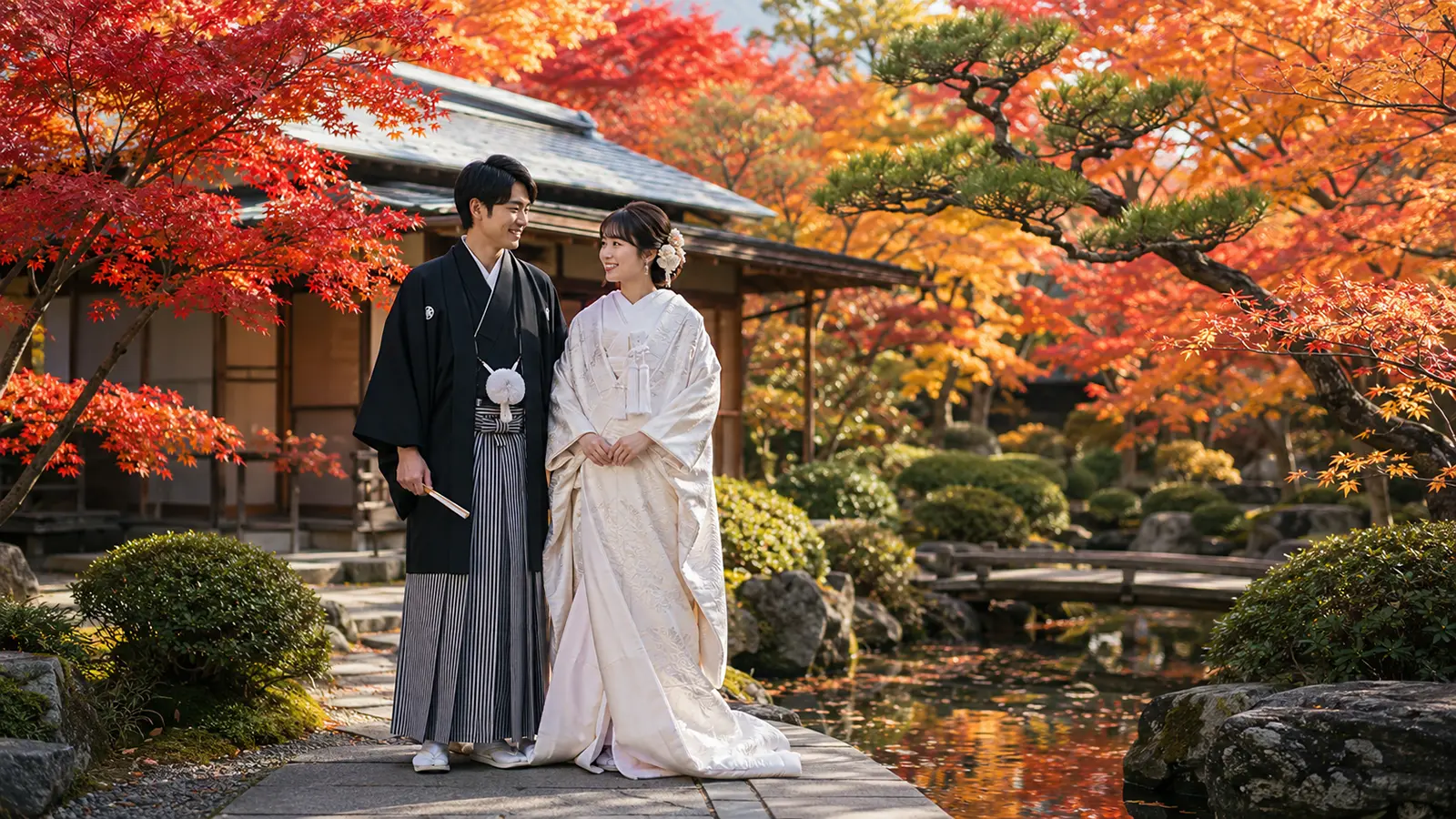 横浜の紅葉が美しい日本庭園で和装の新郎新婦が並ぶフォトウェディング写真