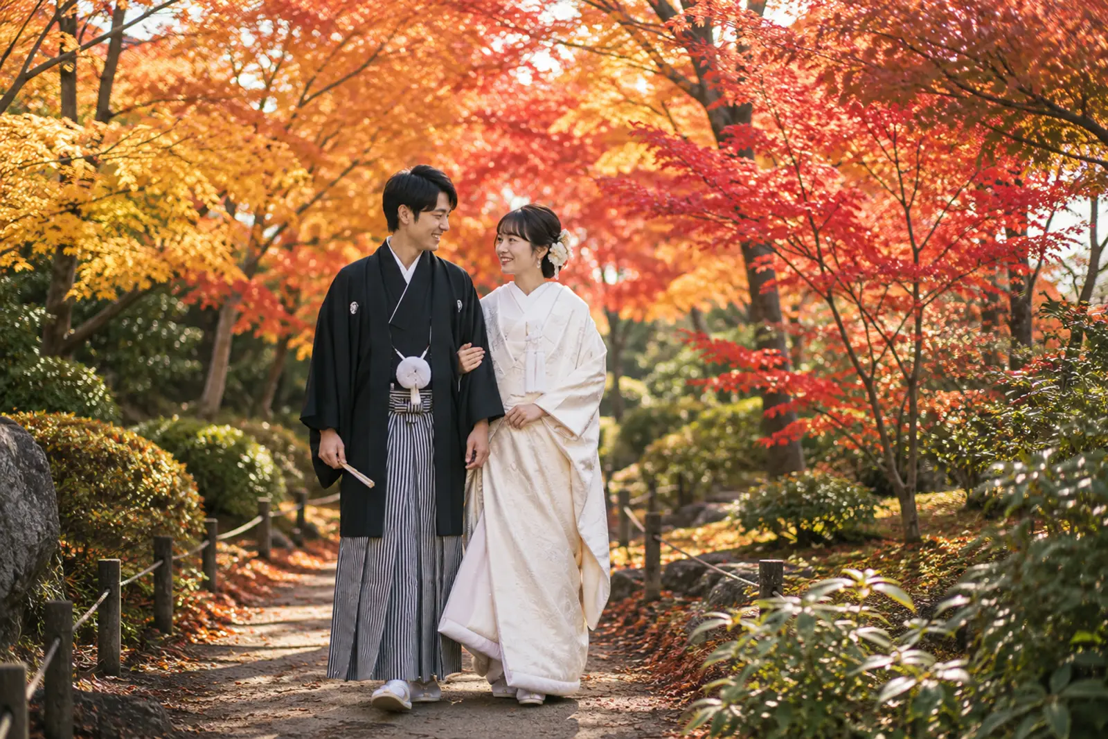 横浜の紅葉に包まれた日本庭園を和装の新郎新婦が歩くフォトウェディング写真