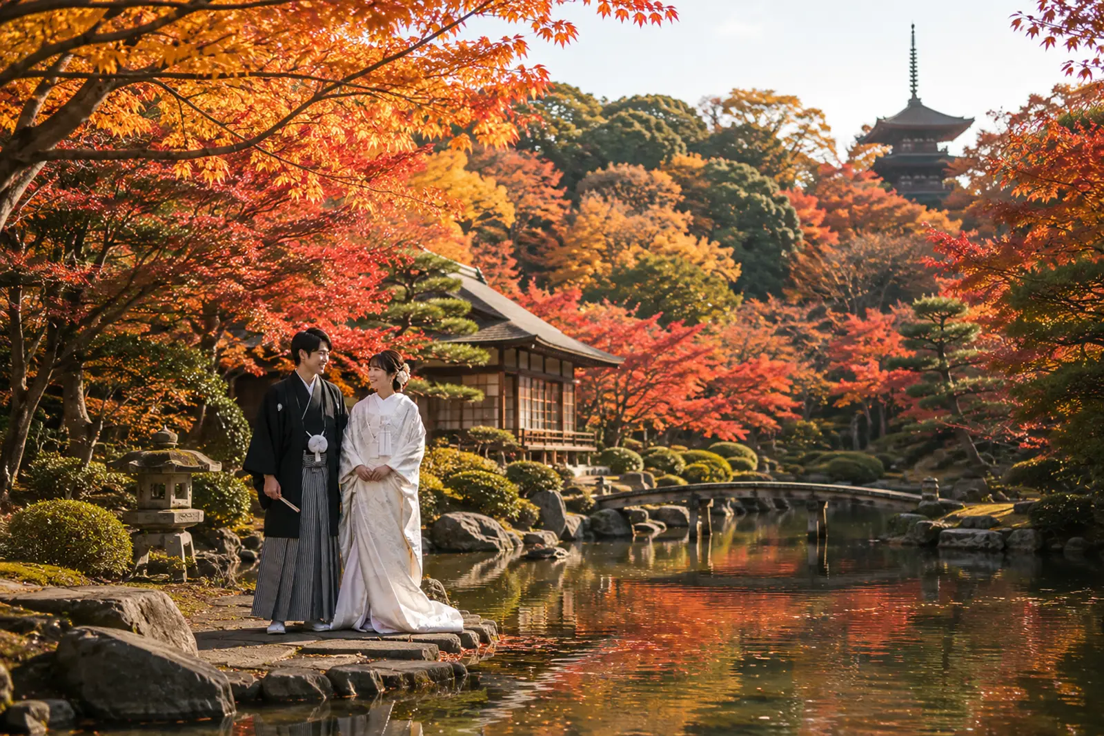横浜の日本庭園で池や橋と紅葉を背景に和装の新郎新婦が立つロケーション比較用写真