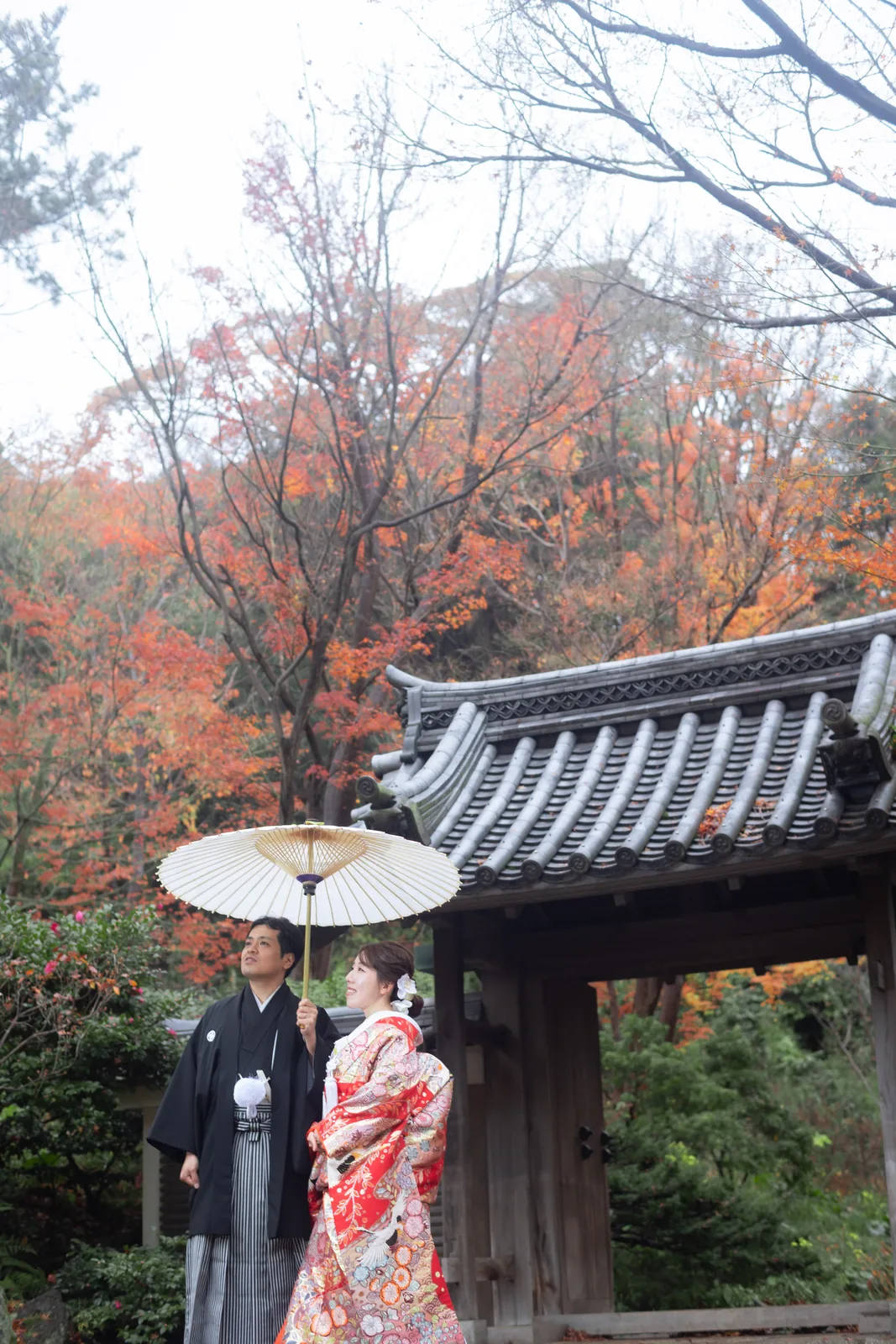 紅葉した木々を背に、三溪園の瓦屋根の門の前で白い和傘を差す赤の色打掛の新婦と紋付袴の新郎